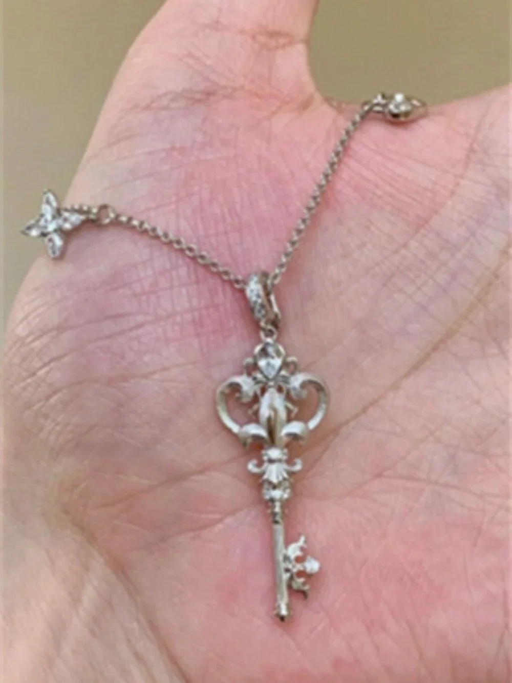 Vintage Key Heart Star Charm Necklace Dainty CZ Crystal Pendant